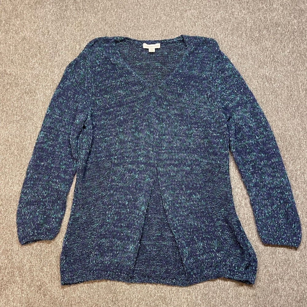 Coldwater Creek Womens 1X Marled V-Neck Sweater Blue Teal Cotton Blend 4011373